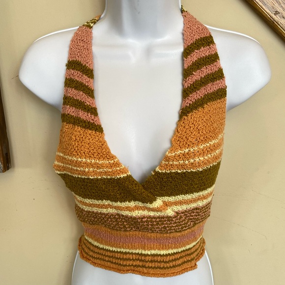 Urban Outfitters Tops - Urban Outfitters Striped Knit Neutral Halter Crop Tank